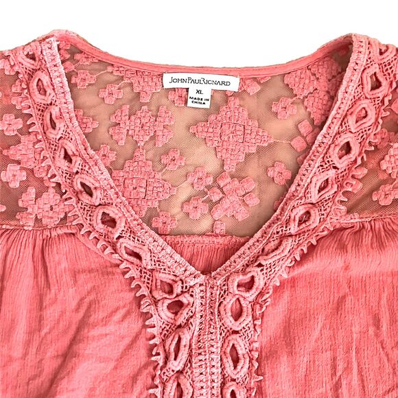 JP Richard Crochet Tunic Top Embroidered Pink Gauze Flowy XL Peasant Cottage Y2K - Picture 13 of 16
